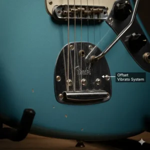 Detailed view of the floating vibrato and bridge system on an offset guitar.