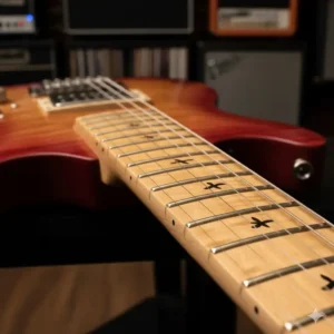 Close-up on the birds-eye maple neck and fretboard of a peavey wolfgang guitar with an oil finish for fast playing.