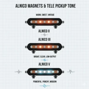 Image illustrating the Alnico magnet types (II, III, V) commonly used in telecaster guitar pickups and how they affect tone.