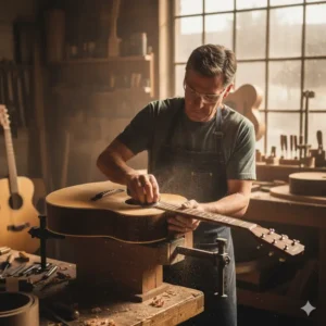 Skilled artisan hand-sanding the top of a Collings acoustic guitar in the workshop. 