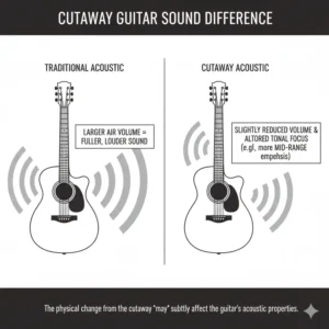 Schematic showing how the slightly reduced size of a cutaway acoustic guitar may affect volume and tone projection. 