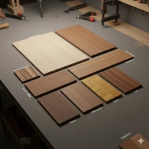 Different tonewoods, including spruce and mahogany, commonly used for making the top of a flat top guitar. 