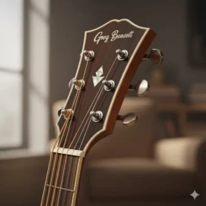 Close-up of the smooth, reliable tuning machine heads on a greg bennett acoustic guitar.