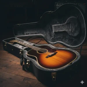 A Guild 12 string guitar safely nestled in its original black TKL hardshell case. 