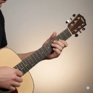 A pair of hands demonstrating the comfortable action and ease of playing chords on the Taylor Big Baby guitar $\frac{15}{16}$ scale.