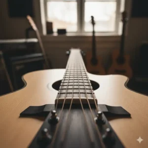 View from the headstock down the neck of a fanned fret guitar, clearly showing the diagonal angle of the frets and their orientation. 