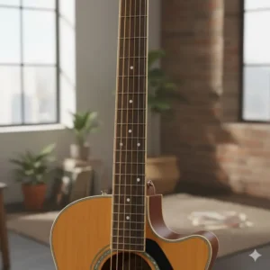 Fretboard and simple dot inlays on the neck of the jasmine takamine acoustic guitar.