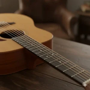 The traditional old-style 18 position dot inlays on the ebony fingerboard of a Martin D-18. 