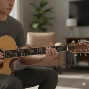 A guitarist's hands strumming chords on their left handed acoustic electric guitar during a performance.