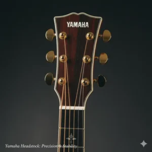 A close-up of the Yamaha headstock with the logo and high-quality tuning machines, ensuring the best yamaha acoustic guitar tuning stability. 