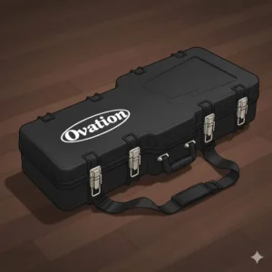 A sturdy, custom-fitted hard case designed to protect the Ovation 12 string guitar during travel.