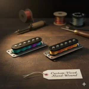 A set of custom-wound telecaster guitar pickups with different colored coil wiring, appealing to players looking for unique tone options.