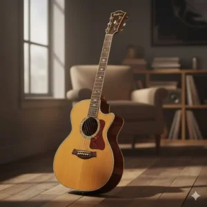Detail of the fretboard and simple dot inlays on a greg bennett acoustic guitar, designed for comfortable playability.