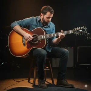 Musician playing a dreadnought-style Guild 12 string guitar, showcasing its size and playability.