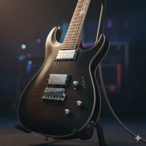 Close-up showing the unique and decorative fretboard inlays found on models within the schecter guitar research diamond series.