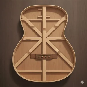 An illustration showing the internal forward-shifted X-bracing system that gives the Martin D-18 its powerful tone. 