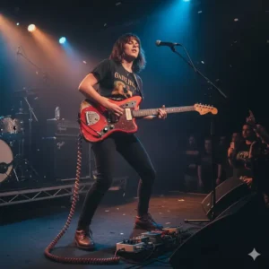 A guitarist on stage passionately playing a vintage-style red offset guitar.