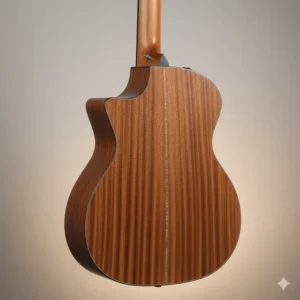 Rear view of the Taylor Big Baby guitar highlighting the attractive wood grain of the layered Sapele back and sides.