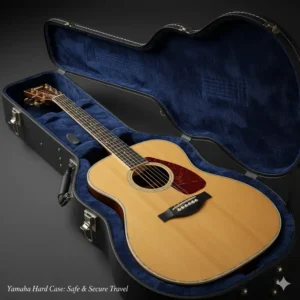 A best yamaha acoustic guitar safely stored inside its custom-fit hard case, ready for travel or storage.