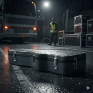 High-strength fiberglass dreadnought guitar case with a waterproof gasket seal, ideal for extreme weather protection and road use.