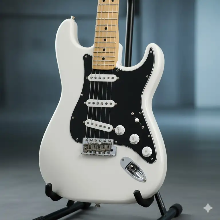 Black and white electric guitar Stratocaster-style body on a stand, showcasing the classic two-tone finish and chrome hardware.