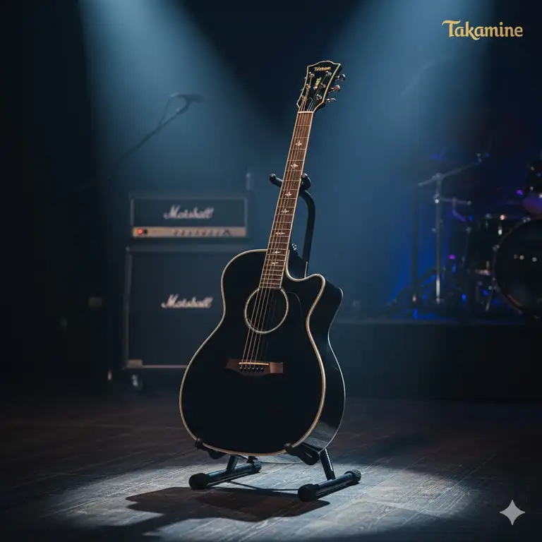 A stunning black Takamine electric guitar (acoustic-electric dreadnought model) with a cutaway and a glossy finish, showcased on a dark stage.