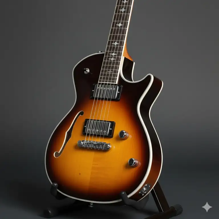 A stunning close-up of a taylor electric guitar, specifically the T5z hybrid model, showcasing its sleek finish and top wood.