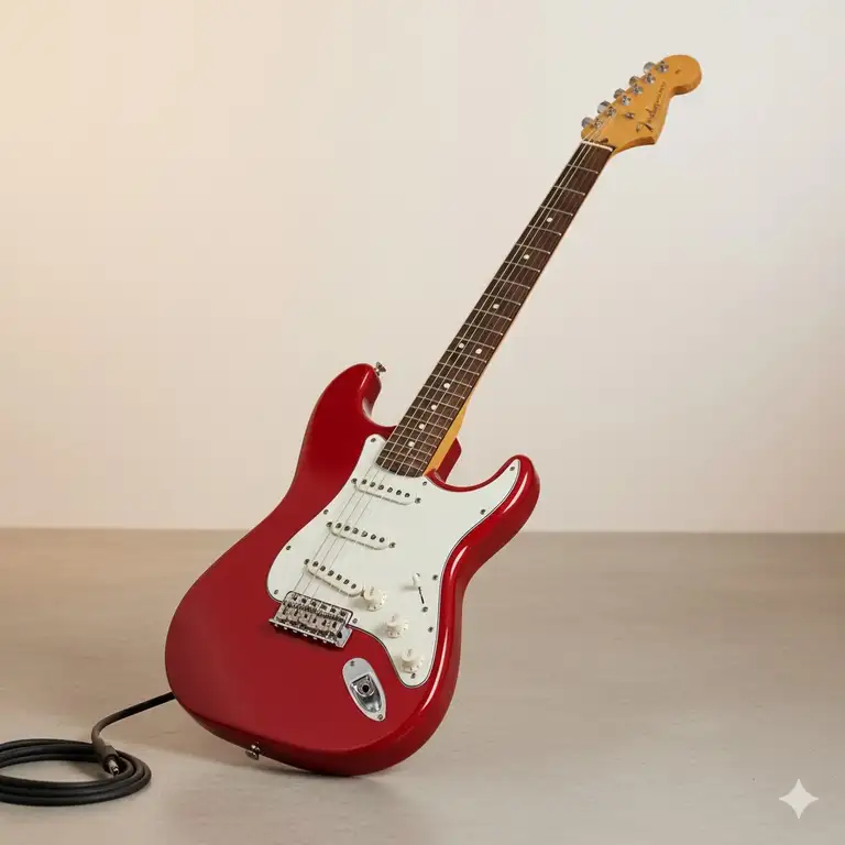 A beautiful, glossy red fender stratocaster electric guitar standing on a stage.
