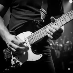 Close-up shot in black and white of a musician's hands playing a black and white electric guitar fretboard during a live performance.