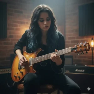 Musician demonstrating the correct grip on an electric guitar left handed fretboard.