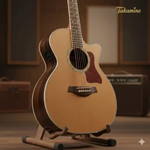 The distinctive Takamine NEX body shape on an acoustic-electric guitar, known for its balanced tone and comfortable size.