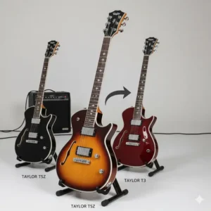 Detail of the proprietary concealed electronics and controls on a taylor electric guitar T5z model.