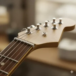 Close-up of a vintage-style electric guitar headstock and tuning pegs.