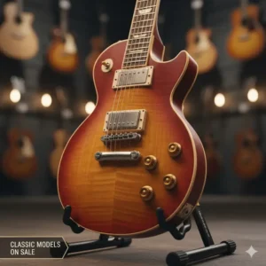 Close-up of a vintage-style sunburst electric guitars on sale, one of many classic models currently in stock.