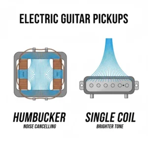 Close-up diagram showing the magnetic fields of a humbucker and a single-coil pickup generating the initial signal of the electric guitar power.