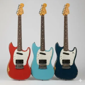 Display of the three available colors for the fender kurt cobain mustang guitar: Fiesta Red, Sonic Blue, and Dark Lake Placid Blue.