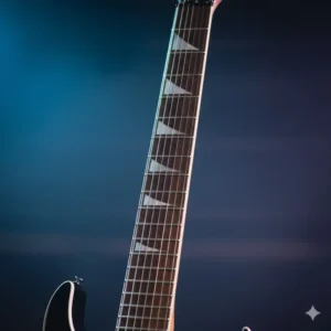 Close-up view of the smooth neck and fretboard on a jackson seven string guitar, highlighting the extra low B string.