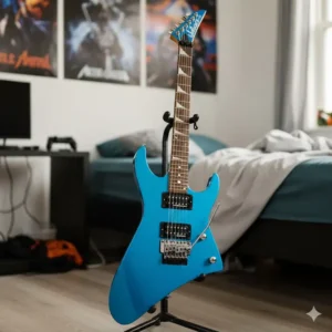 An entry-level Jackson RR JS Series guitar in a bright color, demonstrating an accessible option for players interested in the iconic V shape.