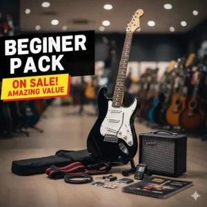 Complete beginner starter pack including an amp, accessories, and electric guitars on sale at a bundled price.