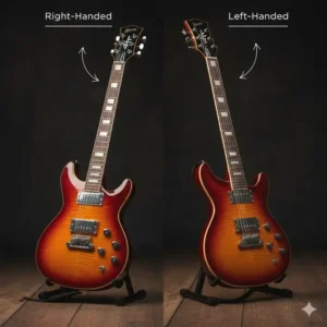 Comparison image highlighting the reversed body shape of an electric guitar left handed versus a standard model.