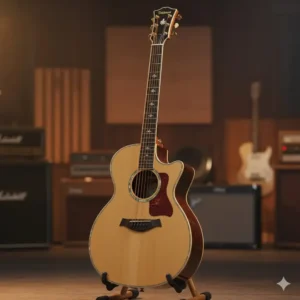 A Takamine electric guitar in the Dreadnought body style (model GD93CE) in a natural finish, highlighting its powerful, full sound.