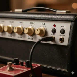 Detailed shot of the control panel on a tube amplifier, highlighting the gain and EQ knobs.