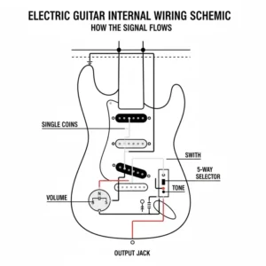 Schematic diagram illustrating the internal wiring of an electric guitar, showing how the pickups, potentiometers, and selector switch control the raw electric guitar power output.