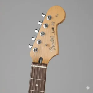 The unique, smaller-style headstock of the Fender Lead II guitar with F-stamped tuners, clearly showing the logo and model name.