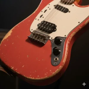 Detailed photo of the Adjusto-Matic bridge system found on the fender kurt cobain mustang guitar.