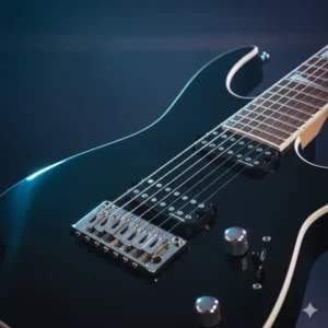 Detailed shot of the high-output humbucker pickups and fixed bridge on a jackson seven string guitar, ideal for metal guitarists.