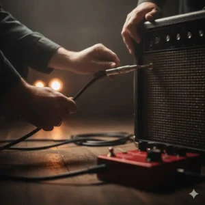 A hand plugging an instrument cable into the input jack of an electric guitar amplifier.