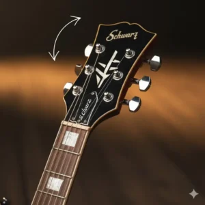 Detail of the reversed headstock and tuning machine orientation on this electric guitar left handed model.
