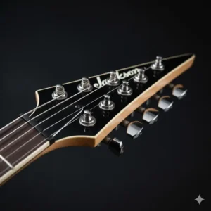 A detailed shot of the asymmetrical, pointed headstock on a Jackson RR guitar, highlighting the sealed die-cast tuners and brand logo.