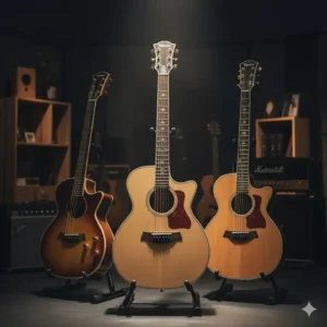 A collection of high-end Takamine Pro Series acoustic-electric guitars, handcrafted in Japan for serious performers.